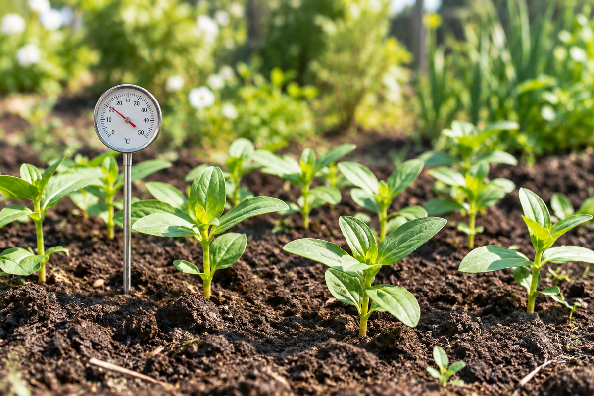 Young seedlings growing in a sunny garden bed beside a soil thermometer.
