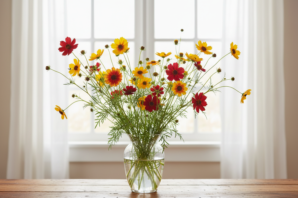 Coreopsis tinctoria Plains Coreopsis — vivid mix of crimson, golden-yellow, bicolour and burgundy daisy blooms in a clear glass vase in front of a window with white sheers