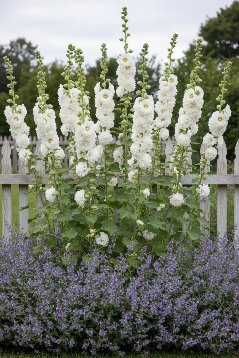 Double flowering white Hollyhocks in full bloom