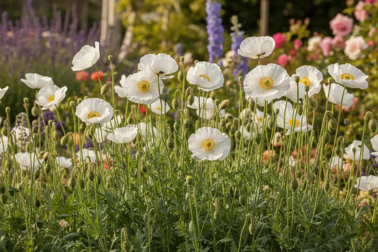 white  bridal silk poppies flowers in the garden