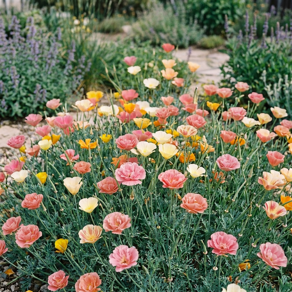 Abundant double-flowered Jelly Beans California poppies