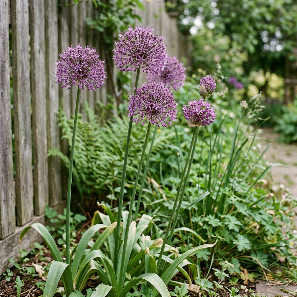 Allium rosenbachianum in a softly lit garden border