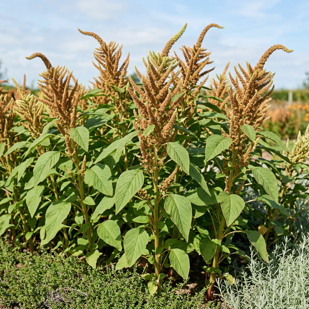 Amaranthus cruentus Autumn’s Touch growing tall in a sunny garden border