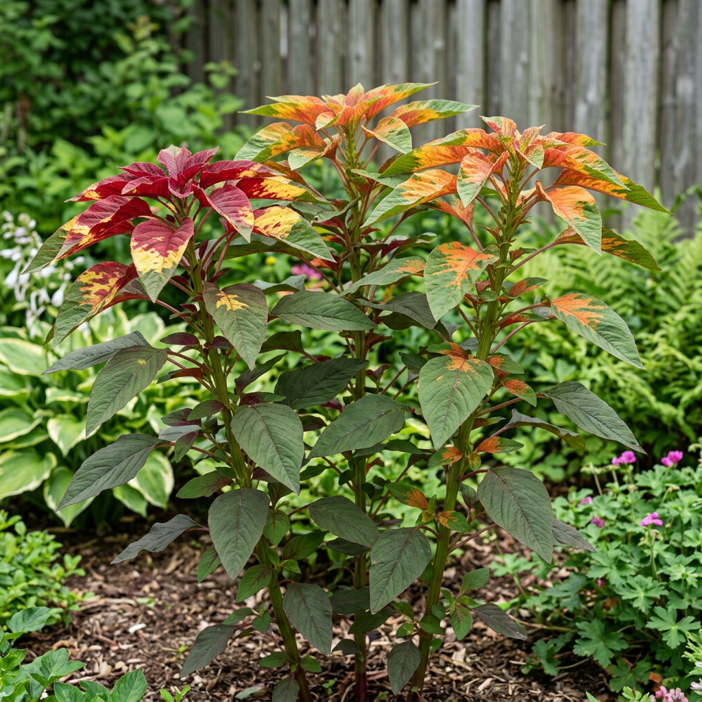 Amaranthus Joseph’s Coat with colourful foliage in a natural garden setting