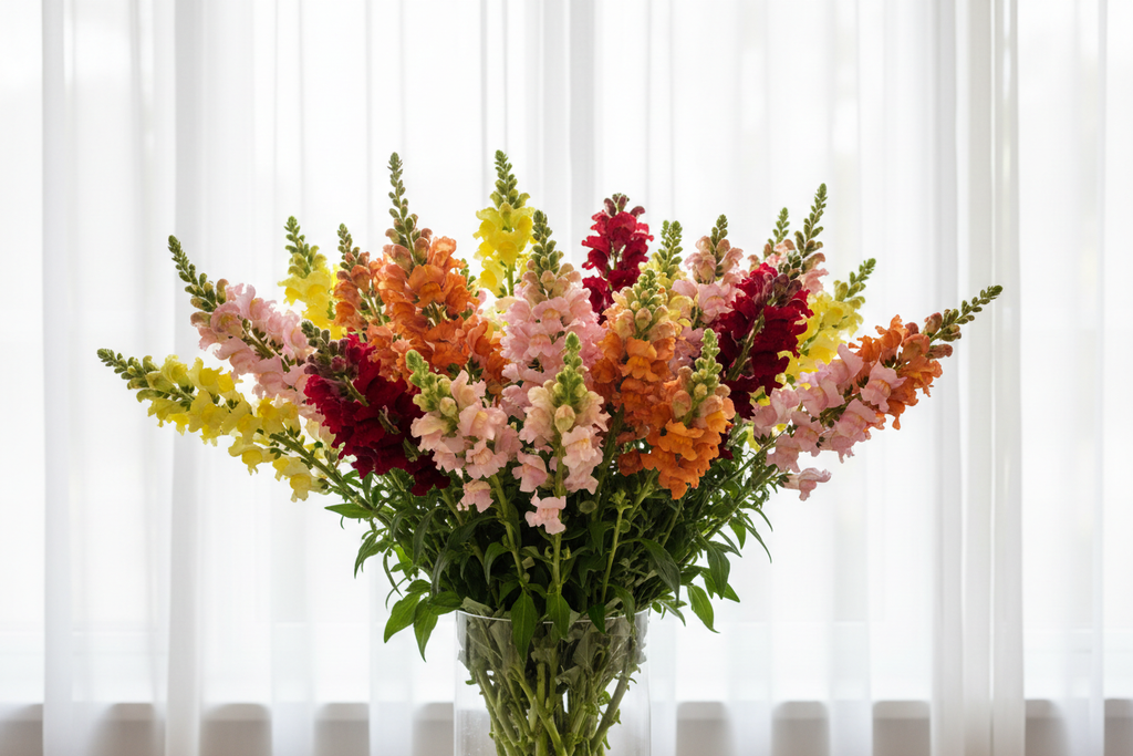 Antirrhinum majus Snapdragons — glass vase white sheers