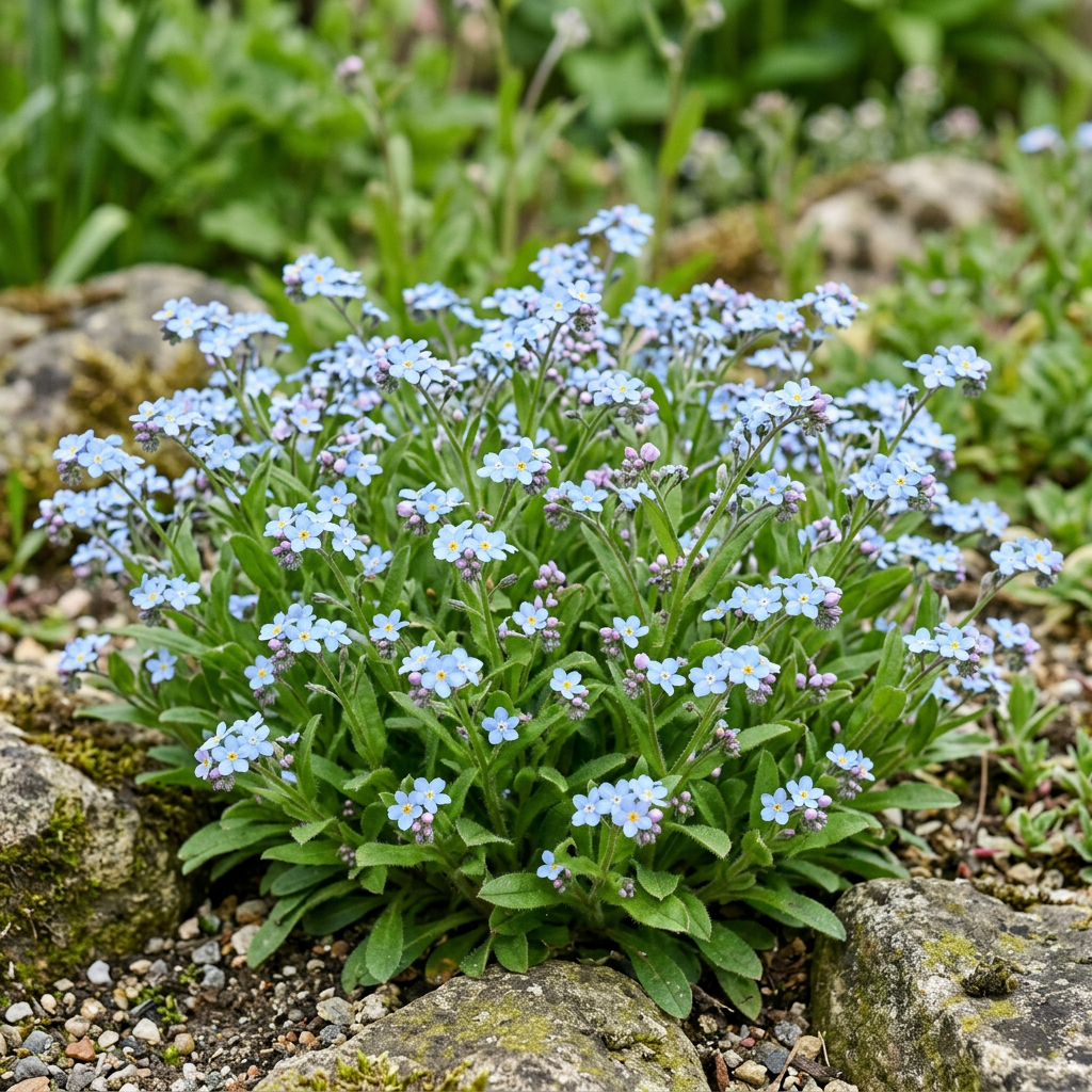 Blue Myosotis alpestris forget-me-nots in a softly lit garden