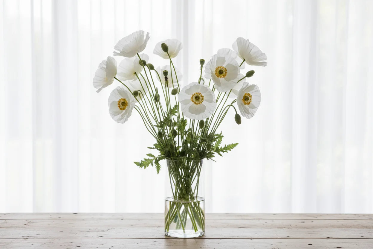 Bouquet of Bridal silk Poppy flowers in a clear vase on a wooden surface with a white curtain background
