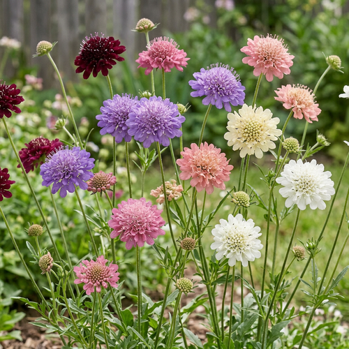 Closer view of Scabiosa atropurpurea Mix blooms
