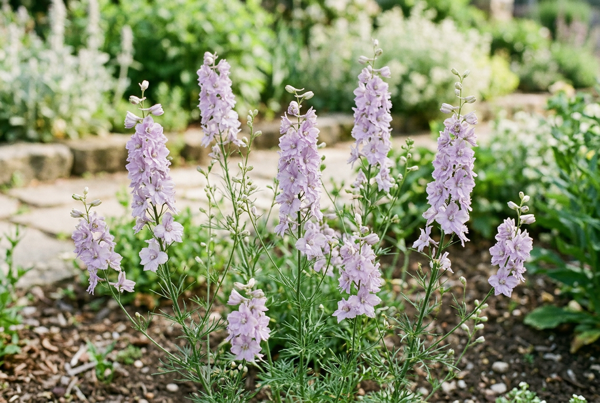 Consolida ajacis Misty Lavender in a bright airy garden border