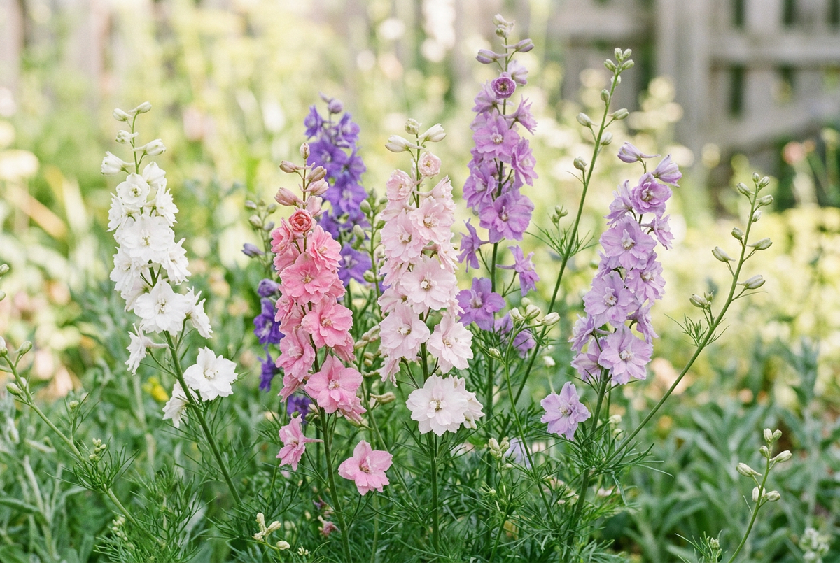 Consolida ajacis Summer Sun Double Mix in a bright airy garden border