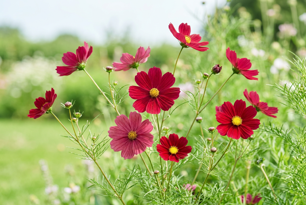 Cosmos Rubenza with ruby-red flowers in a bright garden border