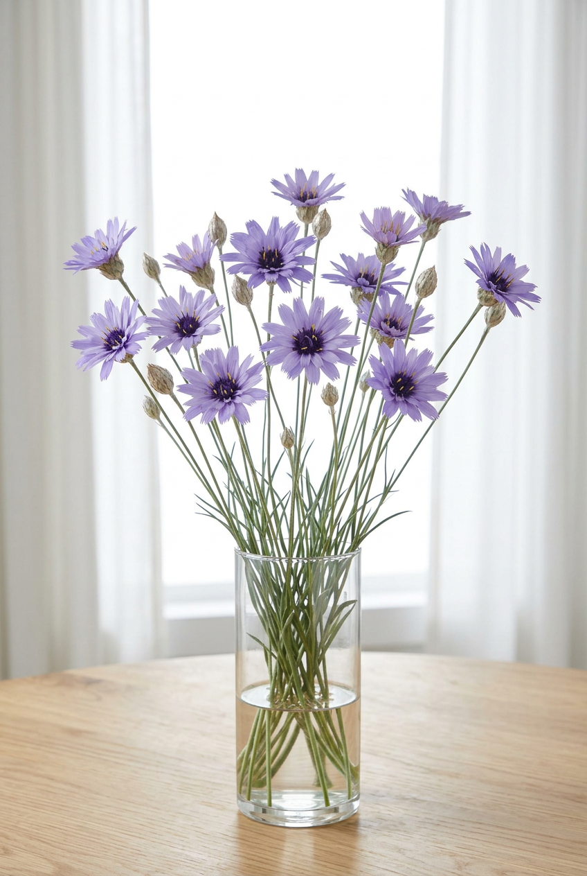 Cupid’s Dart Amor Blue in a clear glass vase beside a bright window