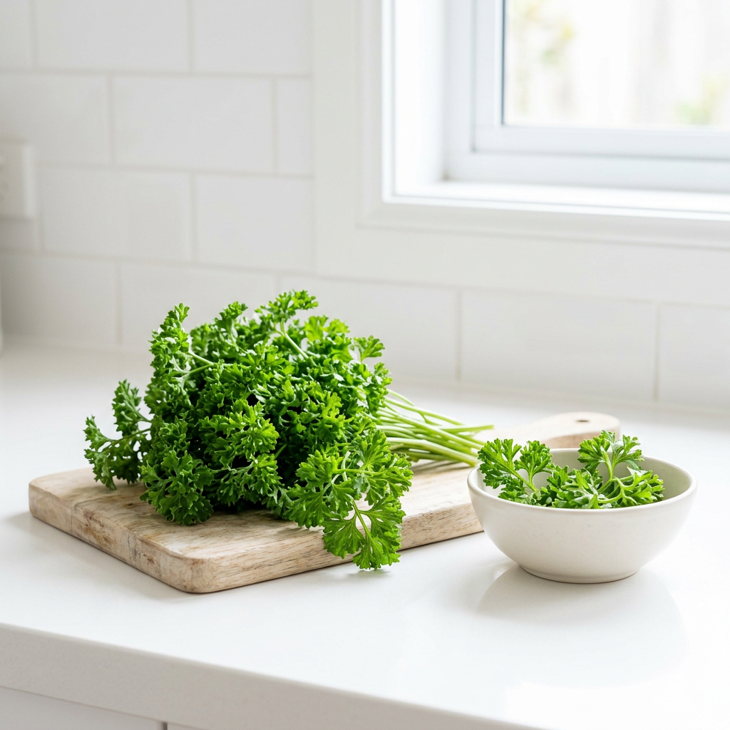 Curly parsley in a bright white kitchen