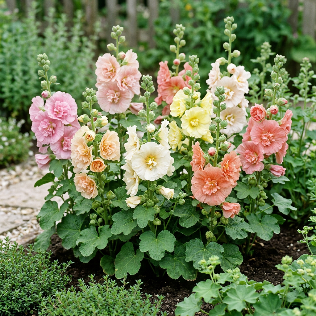 Dwarf Alcea rosea Majorette Double Mix in a bright cottage garden border