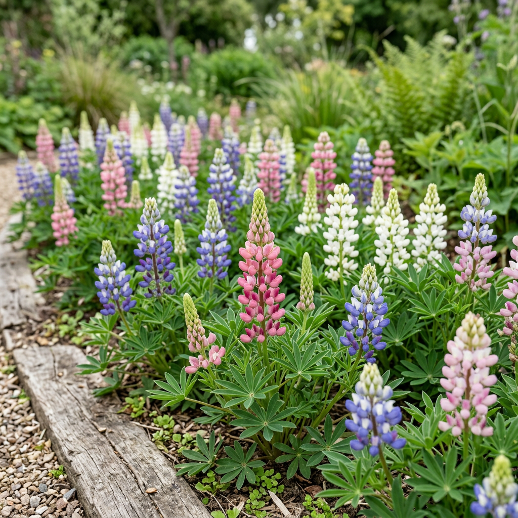 Dwarf Lupin Avalune Mix in a softly lit garden edging