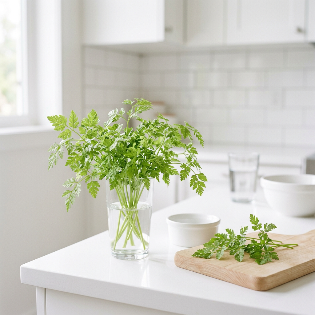 Fresh chervil in a bright white kitchen