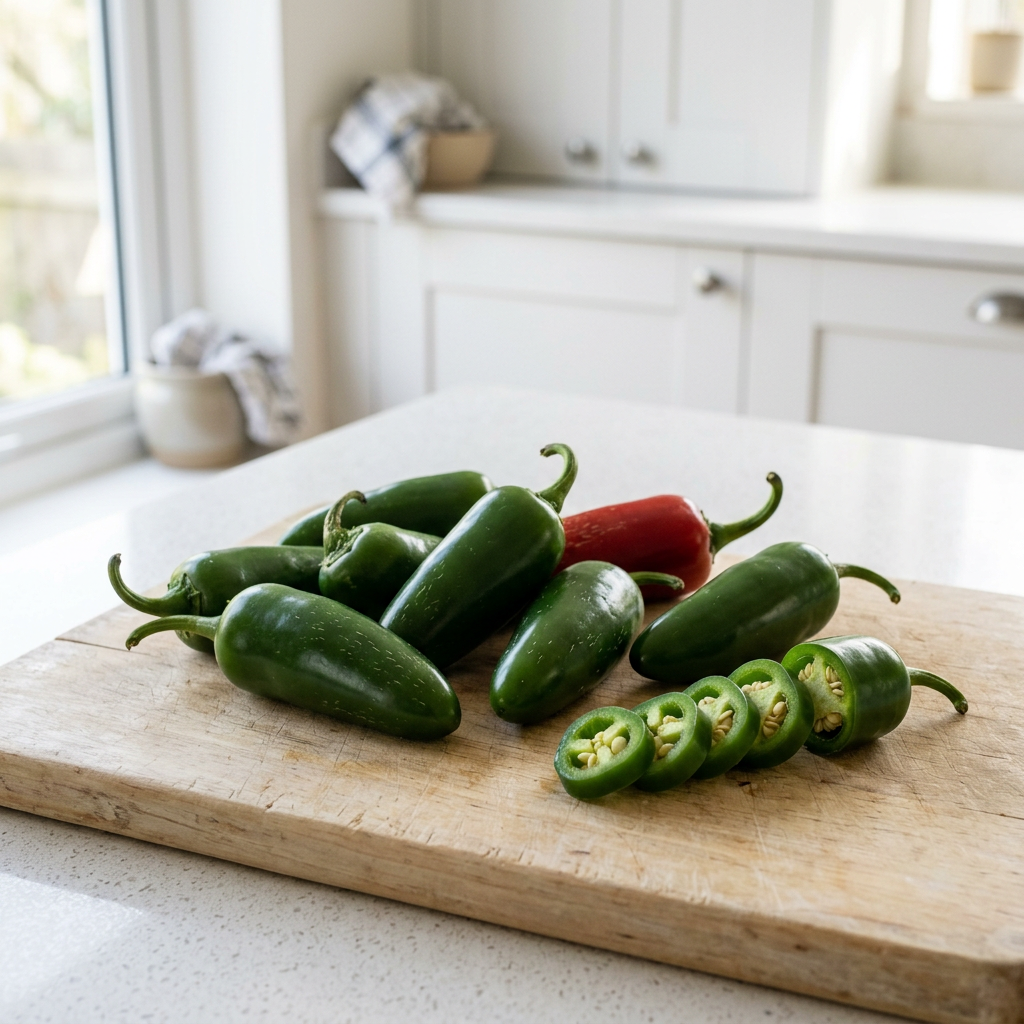 Fresh jalapeño chillies on a bright kitchen bench