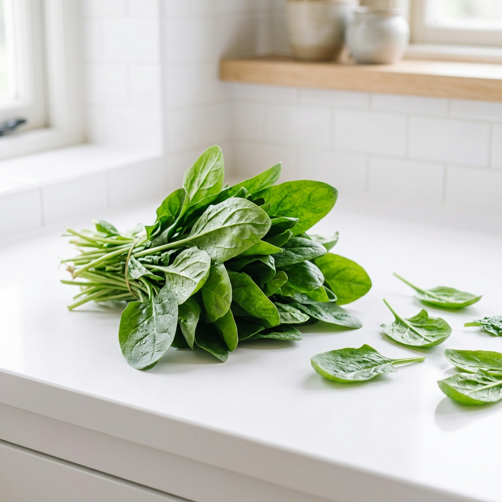 Fresh spinach in a crisp white kitchen setting