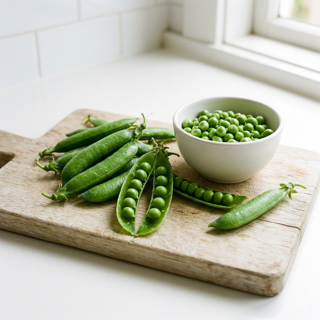 Greenfeast peas with fresh pods and shelled peas in a bright white kitchen