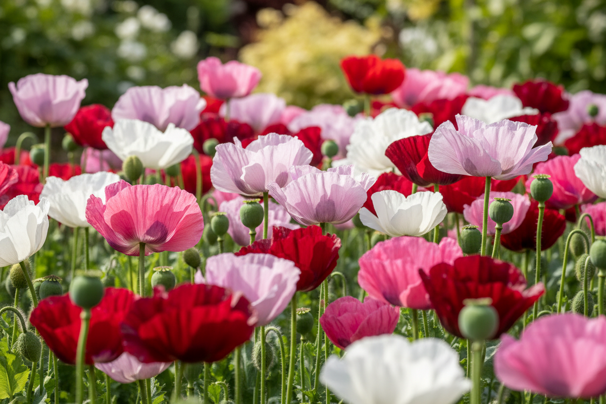 Close-up of mixed breadseed poppies in bloom showing red, pink, lilac, white and burgundy flowers