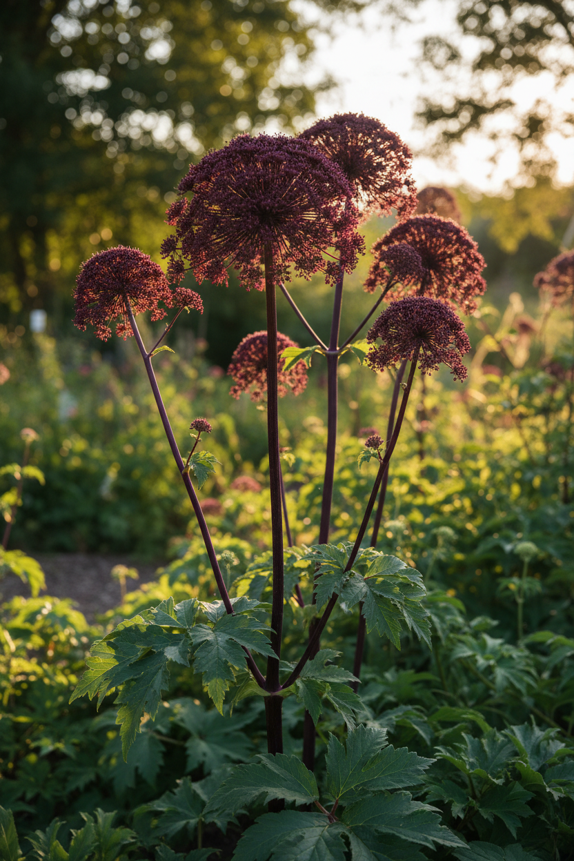Angelica gigas — tall architectural herb with large rounded umbels of deep burgundy-purple flowers on dark purple-red stems