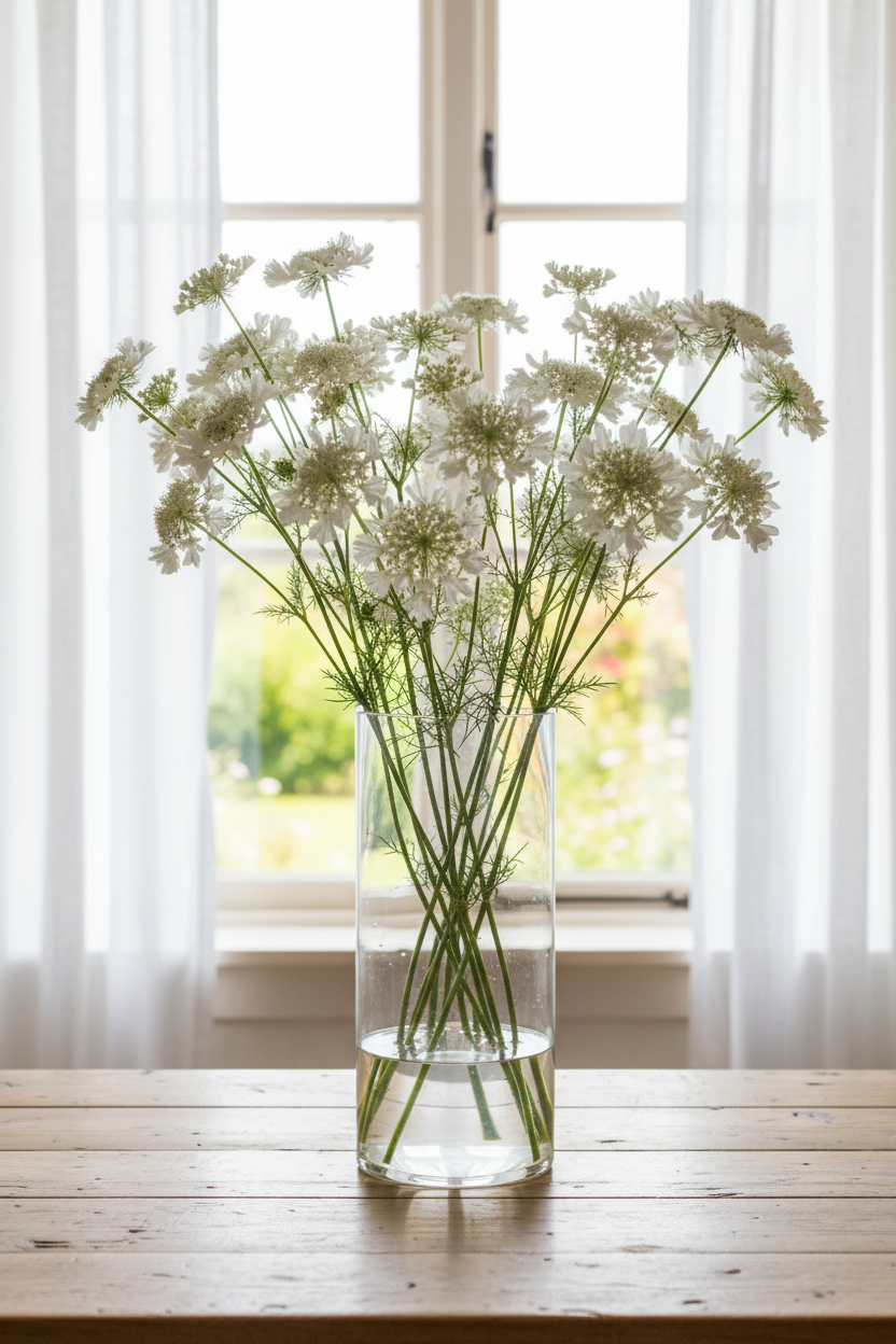 Orlaya grandiflora White Lace Flower, 20 stems in a tall clear glass cylinder vase on a table in front of a bright window with loose white sheers, large flat lacy white umbel blooms