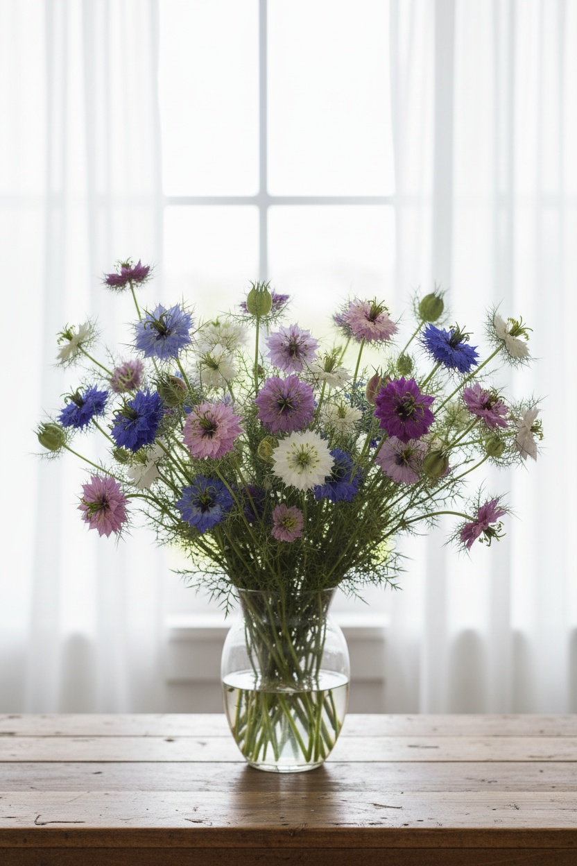 Nigella damascena mixed colours — blue, purple, pink and white blooms with feathery green bracts in a clear glass vase in bright soft daylight