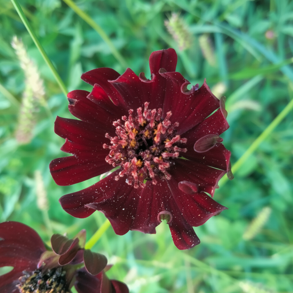 Chocolate Cosmos flower Cosmos atrosanguineus deep velvety burgundy-red blooms in a garden
