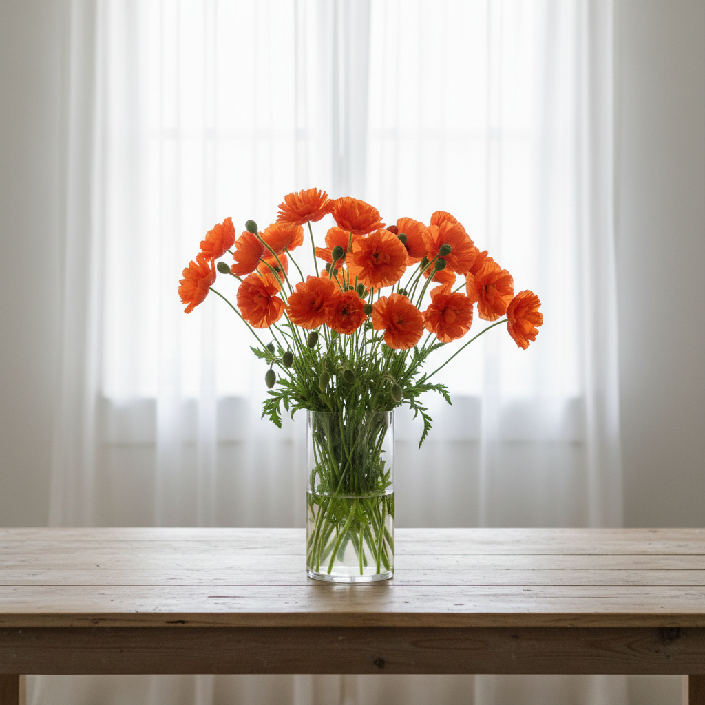 Papaver rupifragum Flore Pleno orange double poppies in a glass vase on a wooden table in front of white sheer curtains