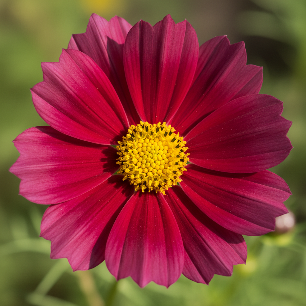 Cosmos bipinnatus Rubenza — extreme close-up of a single deep ruby-red bloom with bright golden-yellow central disc