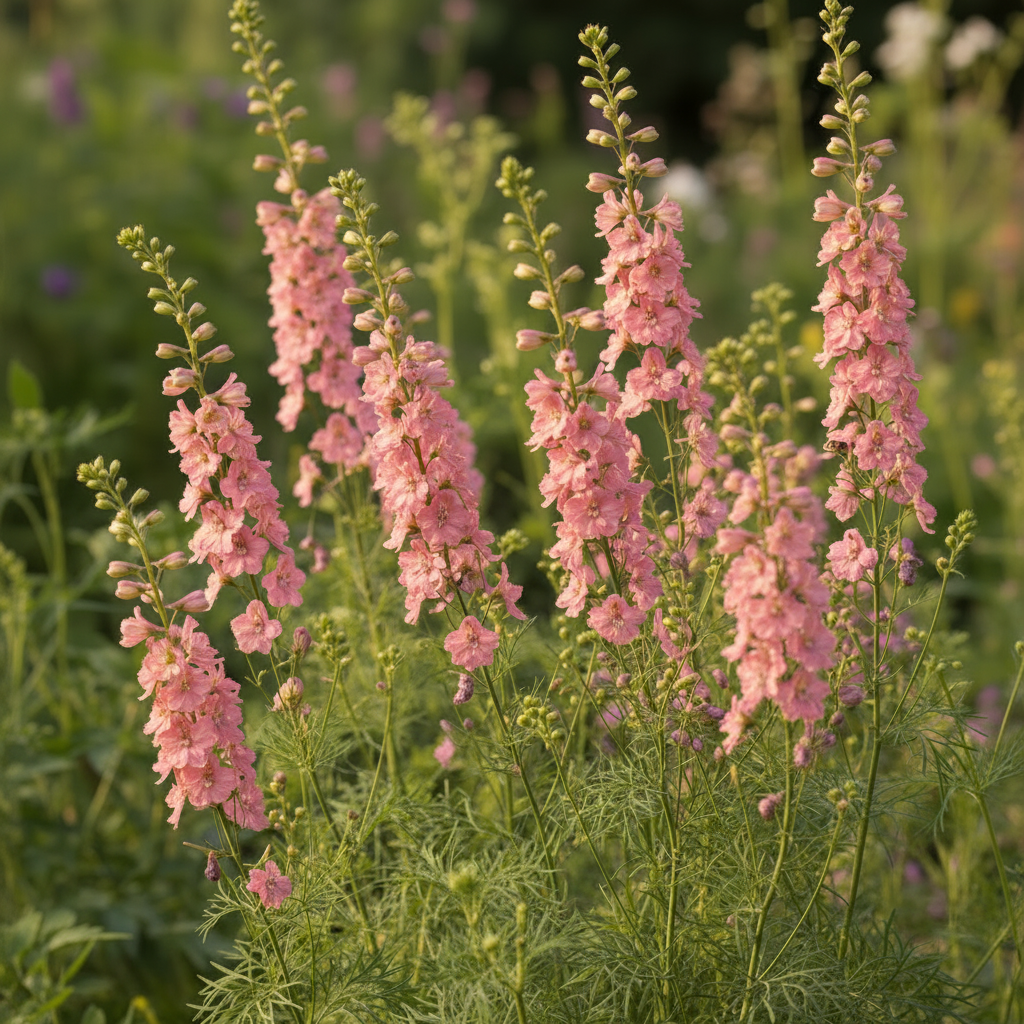 Consolida ajacis Larkspur Pink Queen growing in a cottage garden with slender spikes of soft warm pink spurred florets and finely divided feathery foliage