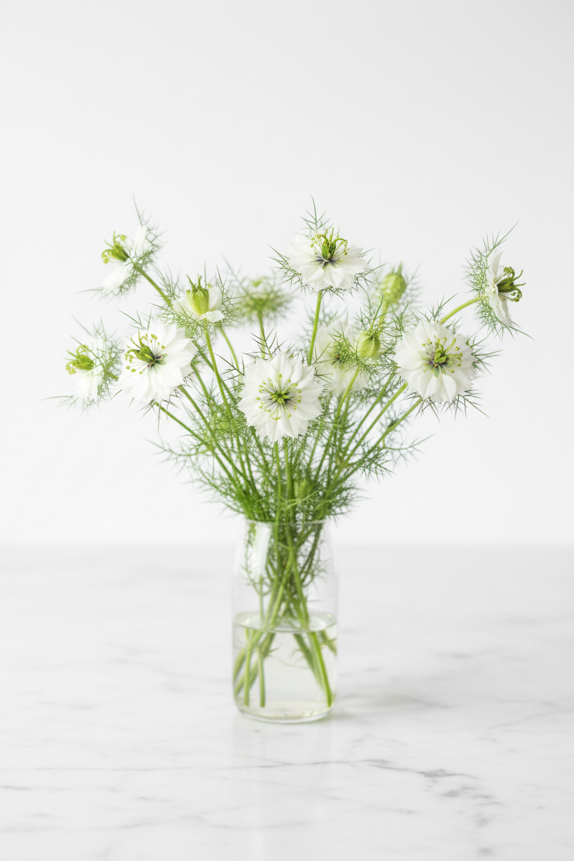 Nigella damascena Albion Black Pod white blooms with feathery green bracts in a clear glass vase in bright soft daylight