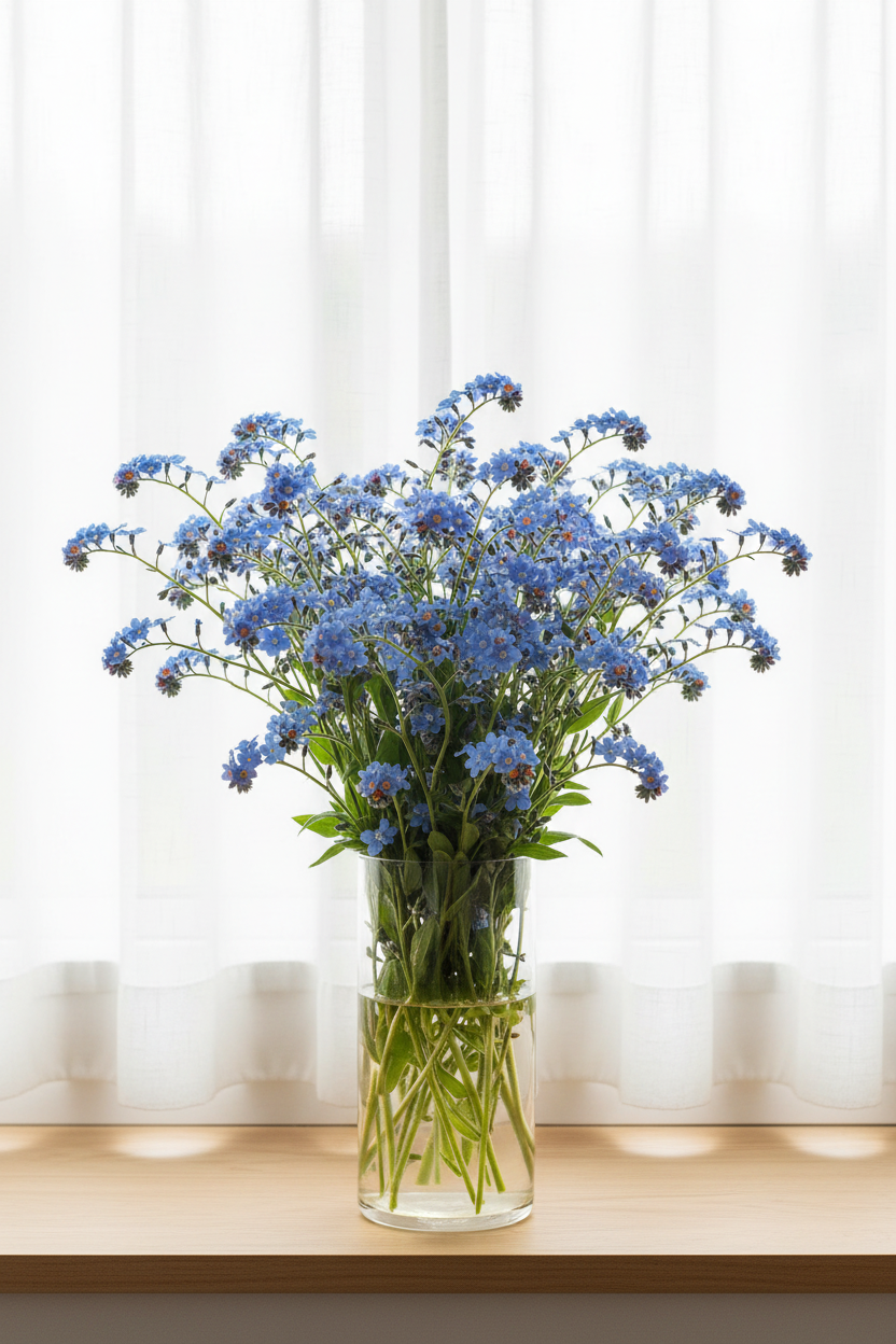 Vivid cornflower-blue Cynoglossum amabile Chinese Forget-me-not flowers on arching branching stems in a clear glass vase, softly backlit through closed white sheer curtains