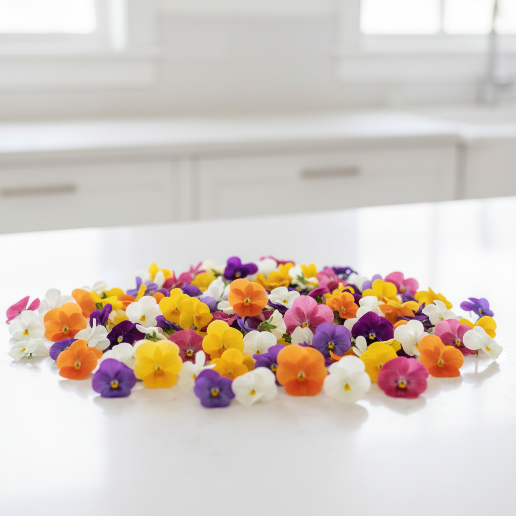 Edible viola and pansy mix flowers in orange, deep pink, purple, yellow and white scattered on a bright kitchen bench