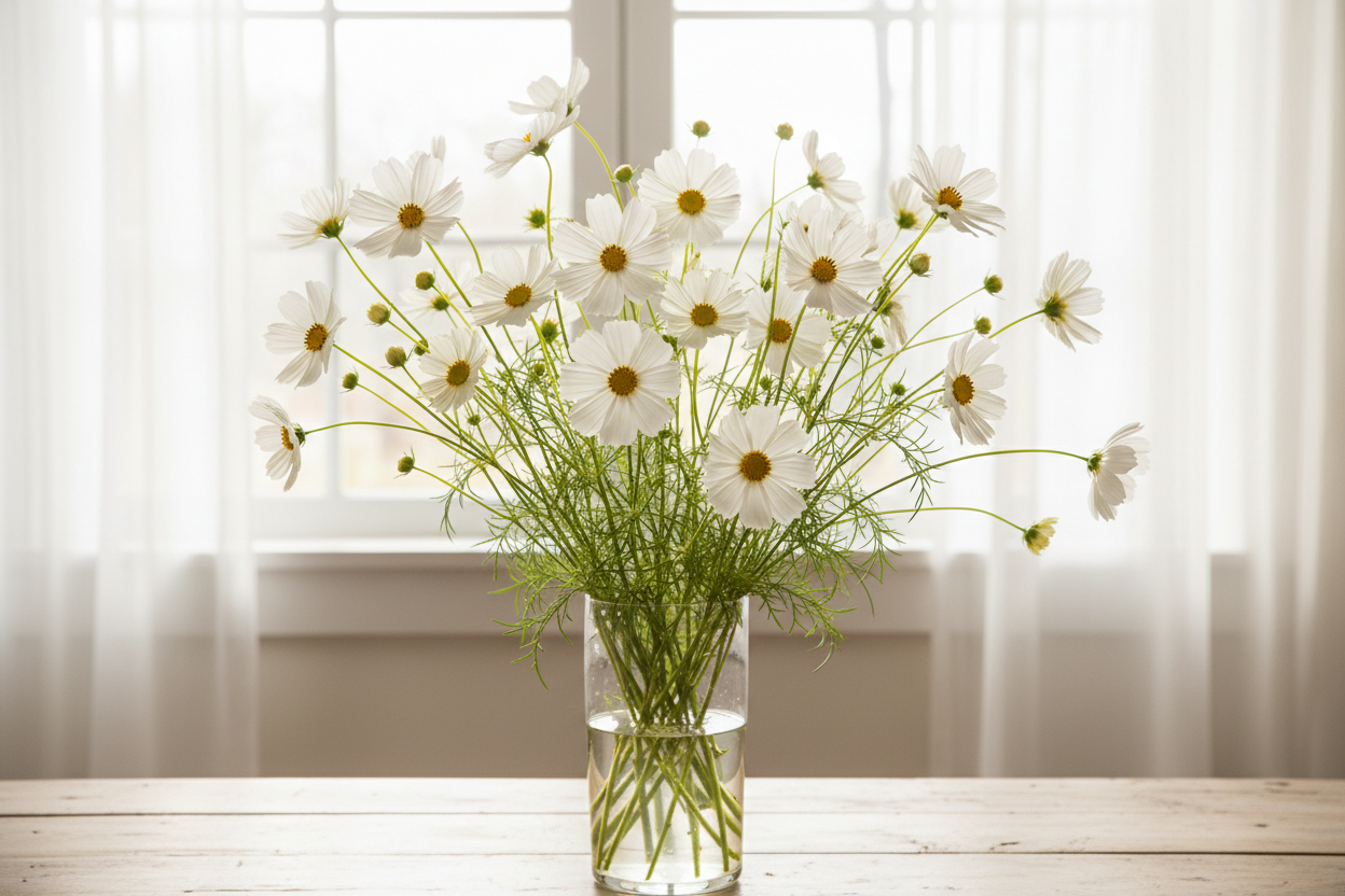 Cosmos bipinnatus single white — pure white single blooms with golden-yellow central disc and many buds in a clear glass vase in front of a bright window