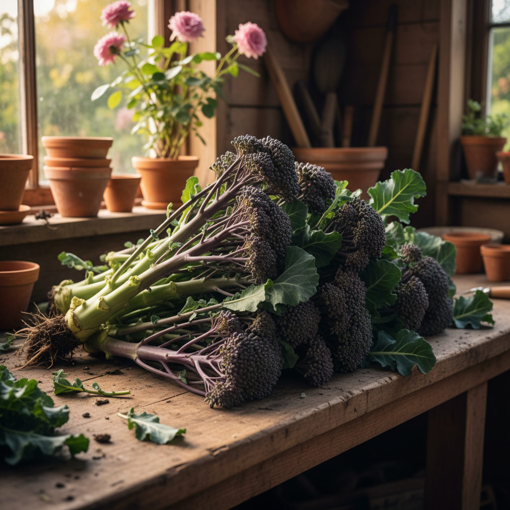 Freshly harvested purple sprouting broccoli with vibrant purple florets on a rustic potting shed table