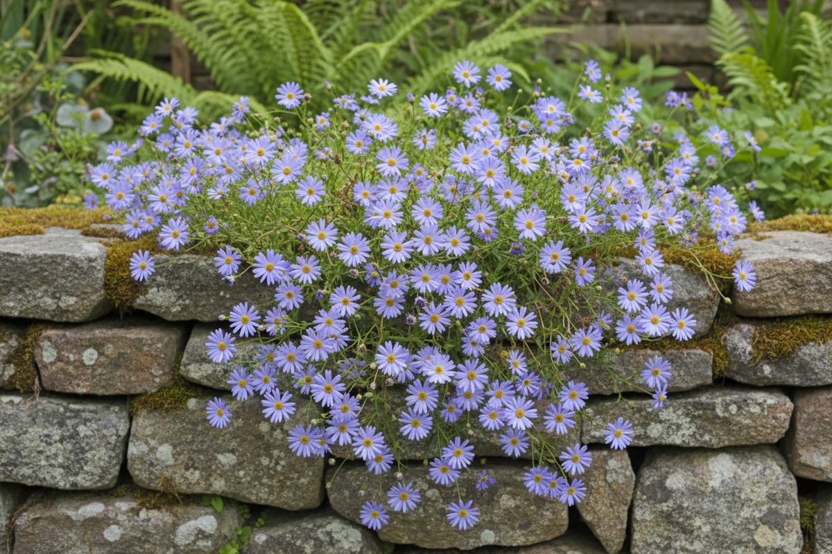 Swan River Daisy cascading over a stone wall in full bloom