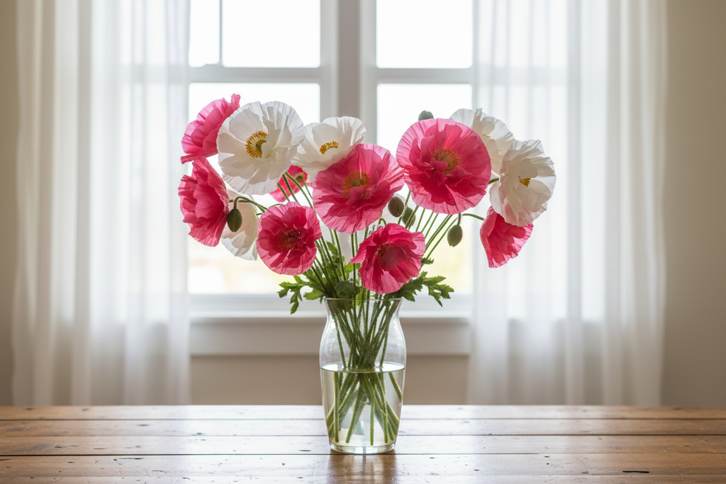Papaver rhoeas Double Whoopee — large open double hot pink and white poppy blooms with golden centres in a clear glass vase in front of a window with white sheers