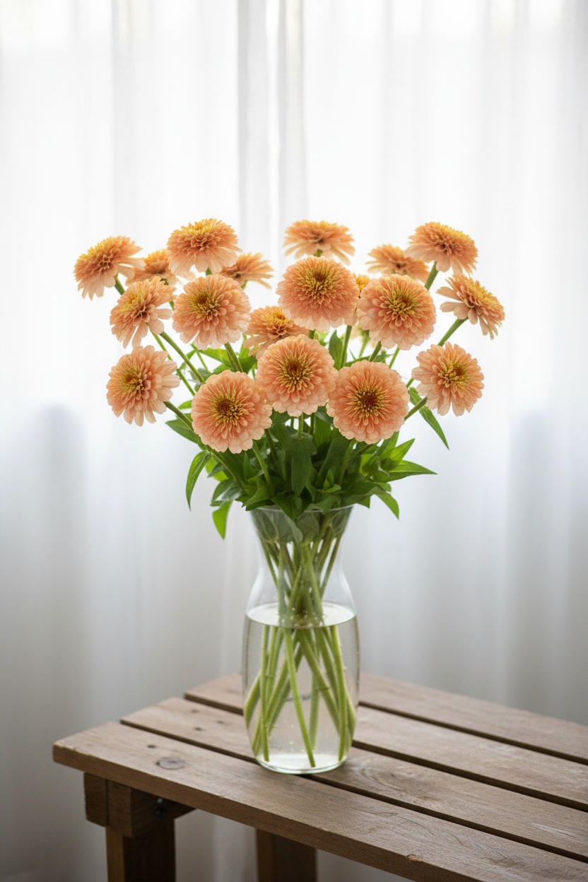 Zinnia Zinderella Peach pompom blooms in a tall glass vase on a wooden bench in front of sheer white curtains