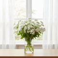 Ageratum houstonianum White Bouquet flowers in a glass vase by a bright window with white sheer curtains