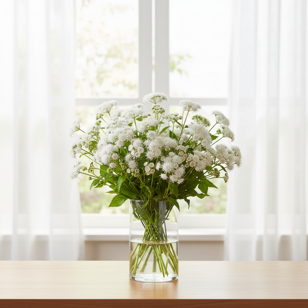 Ageratum houstonianum White Bouquet flowers in a glass vase by a bright window with white sheer curtains