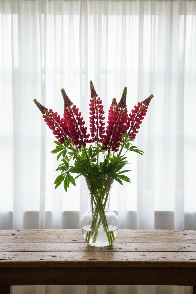 Lupinus polyphyllus The Pages — tall carmine-red and rose-pink lupin spikes in a clear glass vase with soft backlit white sheers