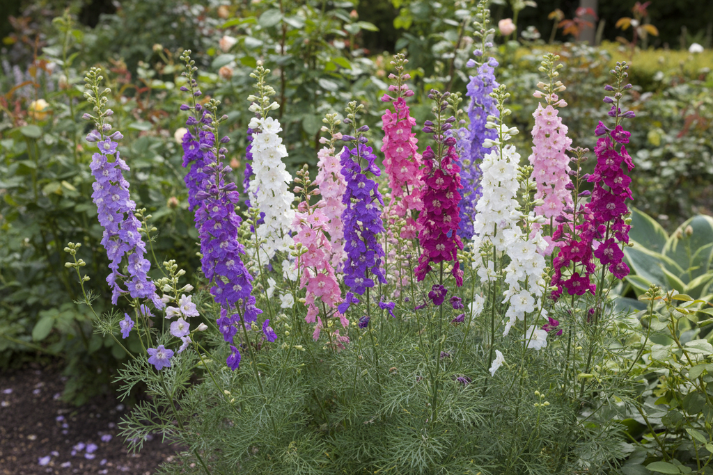 Larkspur Summer Sun Double Mix — Consolida ajacis in lilac, dark purple, light pink, dark pink and white