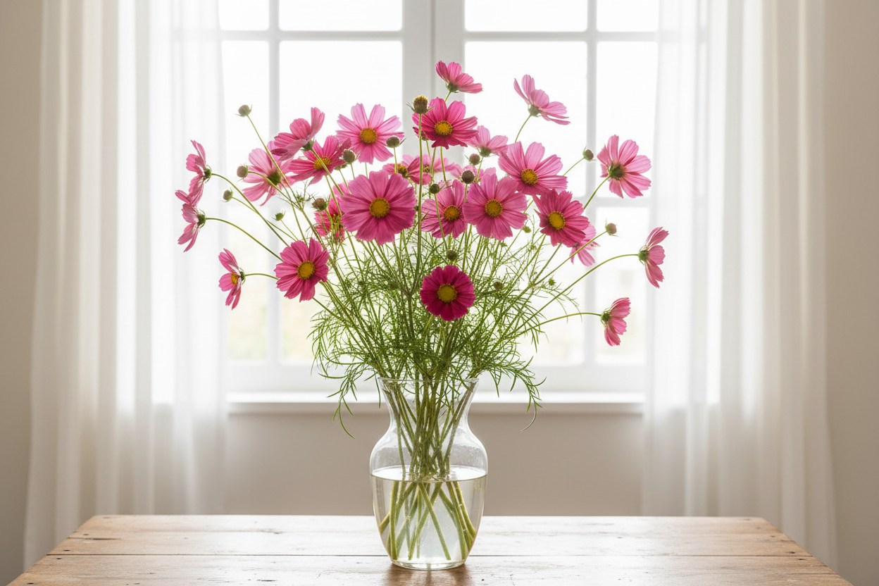 Cosmos bipinnatus Xsenia — rich magenta-pink single blooms with deeper rose-red centre and golden-yellow disc, with buds in a clear glass vase in front of a bright window