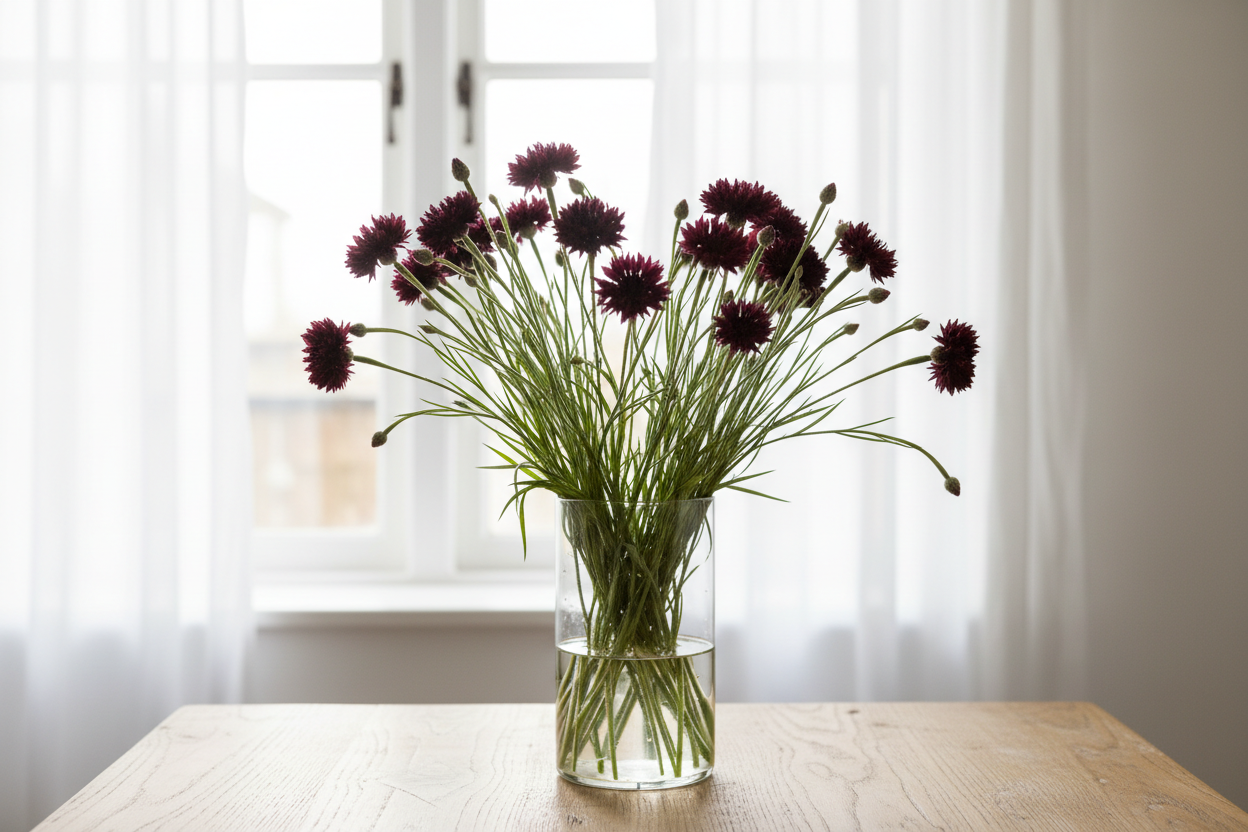 Centaurea cyanus Black Ball — deep burgundy-black double cornflower blooms in a clear glass vase in front of a window with white sheers