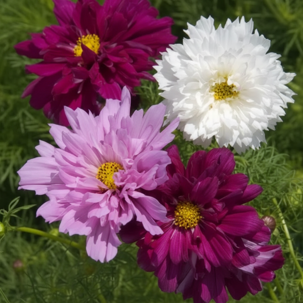 Cosmos bipinnatus Double Click Mix — close-up of three extravagantly frilly double blooms in deep magenta, burgundy and pale blush-pink with many ruffled layered petals