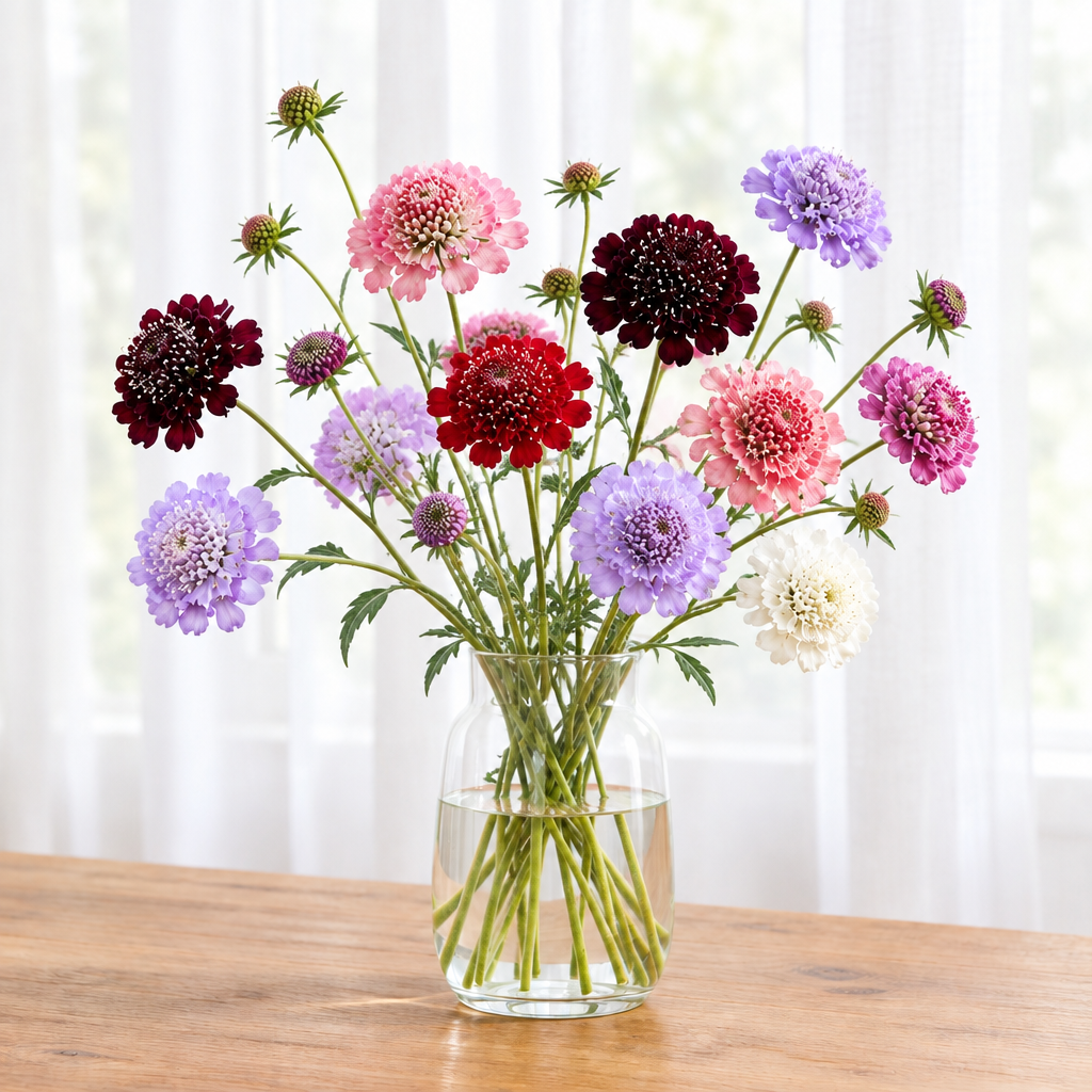 Scabiosa atropurpurea Mix in a clear vase, with maroon, purple, crimson, rose, salmon, lavender and white pincushion blooms, a few buds and sparse, lightly lobed green leaves.