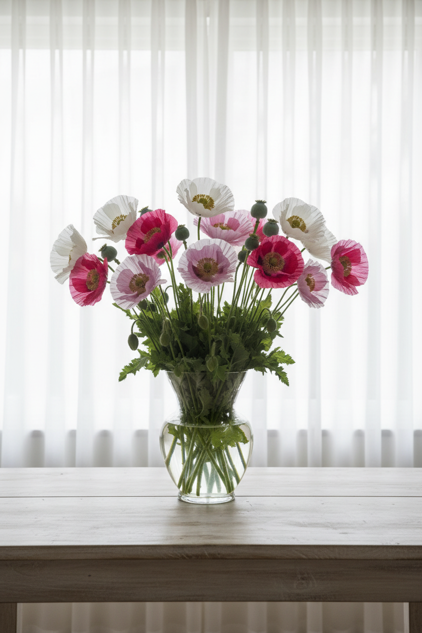 Mixed ornamental poppies — cerise, lilac and white blooms with dark centres and decorative seed pods in a clear glass vase