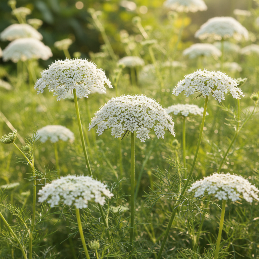 Khella (Ammi visnaga) growing in a garden with tight rounded white umbel flower heads
