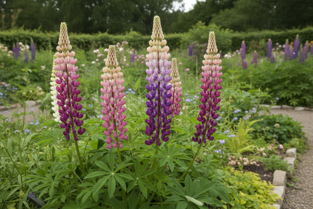 Russell Mix lupins growing in a cottage garden border with dark pink, purple and cream flower spires